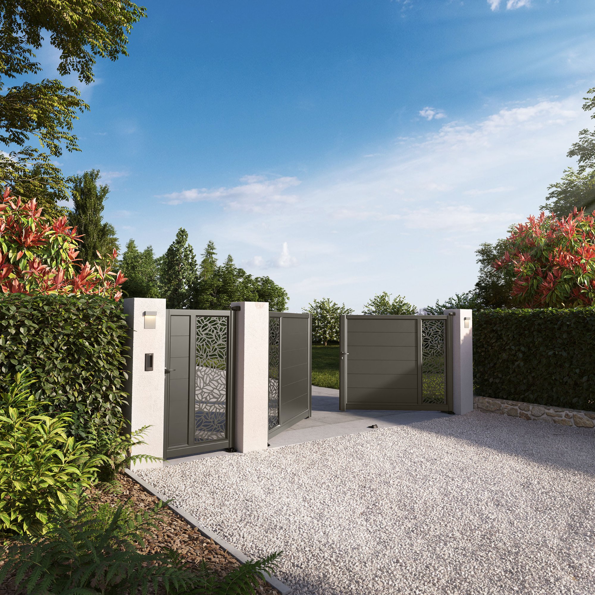 Modern aluminium double swing gates installed on a residential driveway in Surrey by Electric Gate Fix